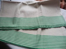 4 ANCIENS TORCHONS LIN X COTON BEIGE LITEAUX VERT 50X76 CM